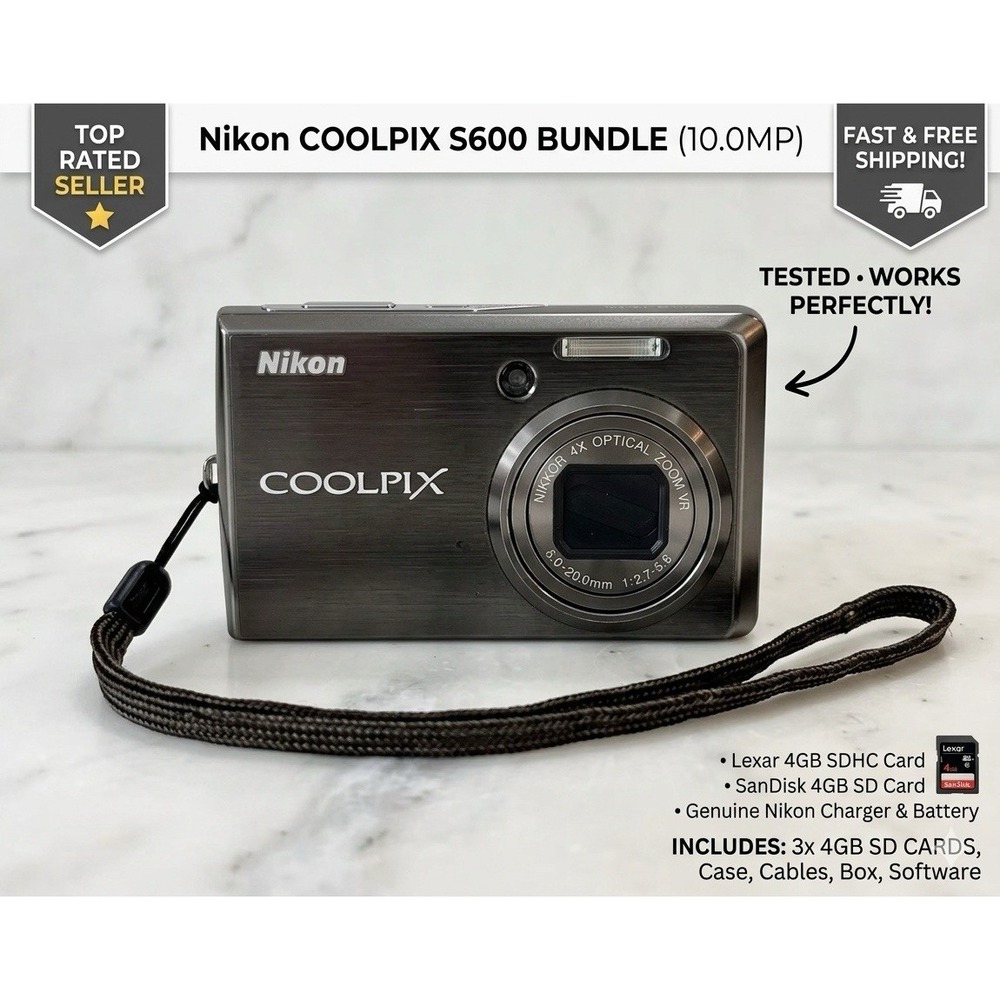 Nikon Coolpix S600 10.0MP Digital Camera Bundle Silver Tested Works Y2K Box Set
